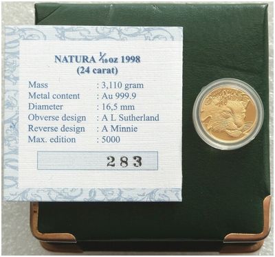 1998 South Africa Natura Leopard Gold Proof 1/10oz Coin Box Coa