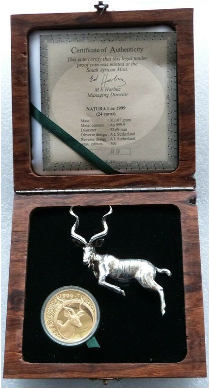 1999-SS South Africa Natura Launch Kudu Bull Gold Proof 1oz Coin Box Coa
