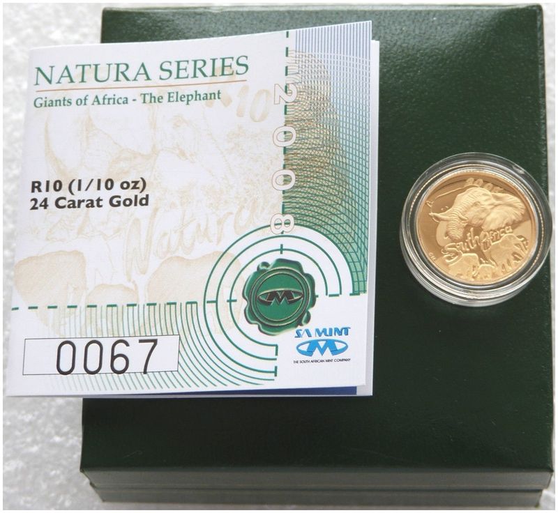 2008 South Africa Natura Elephant 10 Rand Gold Proof 1/10oz Coin Box Coa
