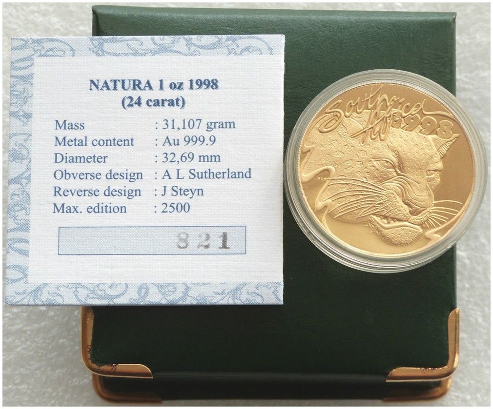 1998 South Africa Natura Leopard Gold Proof 1oz Coin Box Coa