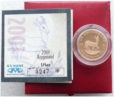 2001 South Africa Quarter Krugerrand Gold Proof 1/4oz Coin Box Coa