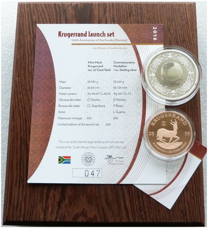 2016 South Africa Eureka Diamond Mint Mark Krugerrand Gold Proof 1oz Coin Set Box Coa