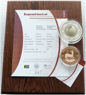 2016 South Africa Eureka Diamond Mint Mark Krugerrand Gold Proof 1oz Coin Set Box Coa