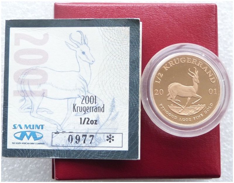 2001 South Africa Half Krugerrand Gold Proof 1/2oz Coin Box Coa