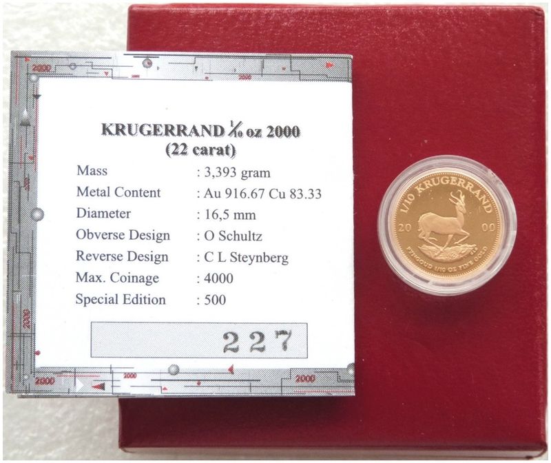 2000 South Africa Tenth Krugerrand Gold Proof 1/10oz Coin Box Coa