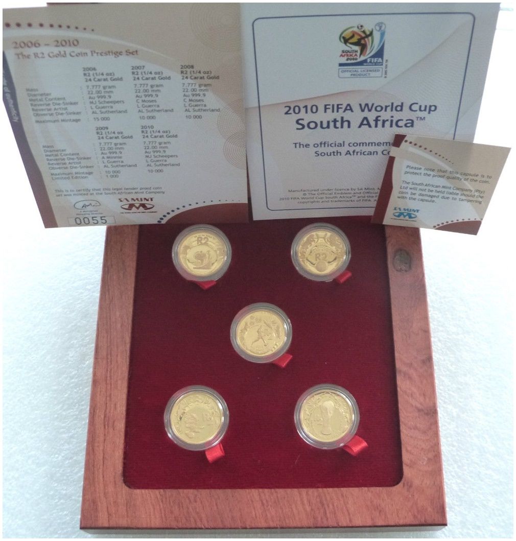 2010 - 2006 South Africa FIFA World Cup 2 Rand Gold Proof 5 Coin Set Box Coa