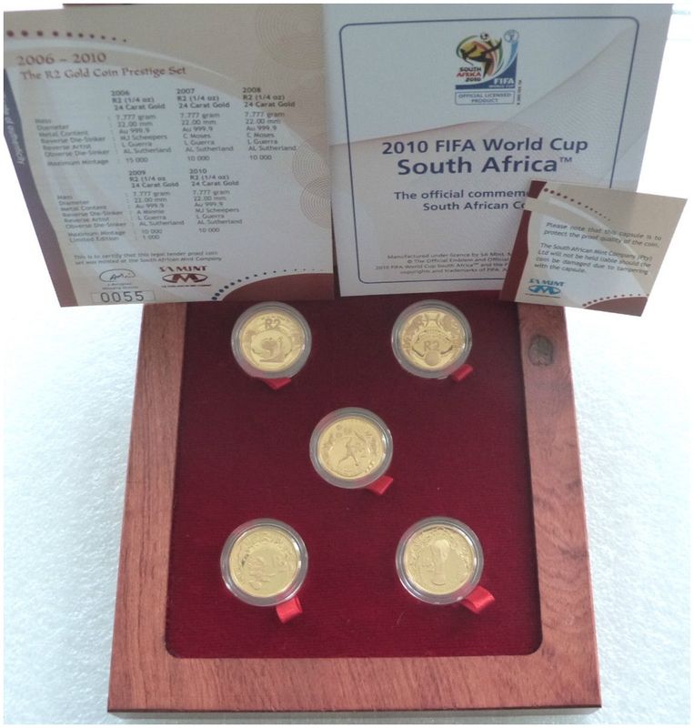 2010 - 2006 South Africa FIFA World Cup 2 Rand Gold Proof 5 Coin Set Box Coa