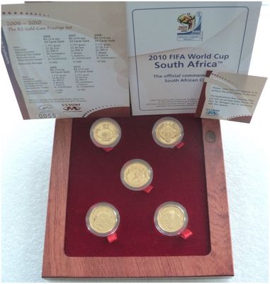 2010 - 2006 South Africa FIFA World Cup 2 Rand Gold Proof 5 Coin Set Box Coa