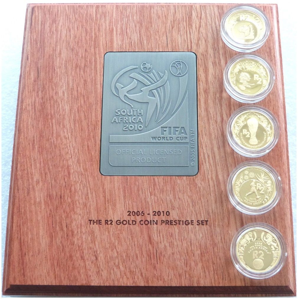 2010 - 2006 South Africa FIFA Football World Cup 2 Rand Gold Proof 5 Coin Set Box Coa 2010 - 2006 South Africa FIFA Football World Cup 2 Rand Gold Proof 5 Coin Set Box Coa
