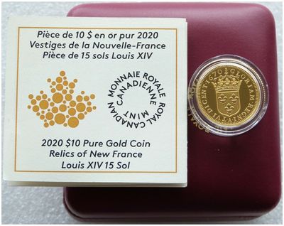 2020 Canada Relics of New France Louis XIV $10 Gold Proof 1/4oz Coin Box Coa