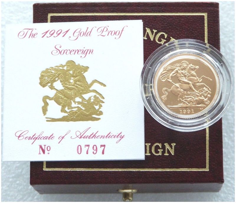 1991 St George and the Dragon Full Sovereign Gold Proof Coin Box Coa