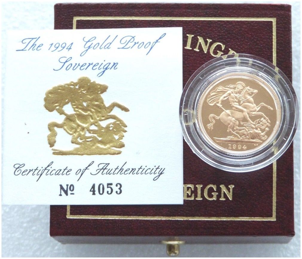 1994 St George and the Dragon Full Sovereign Gold Proof Coin Box Coa