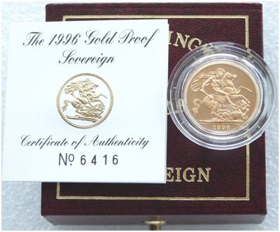 1996 St George and the Dragon Full Sovereign Gold Proof Coin Box Coa