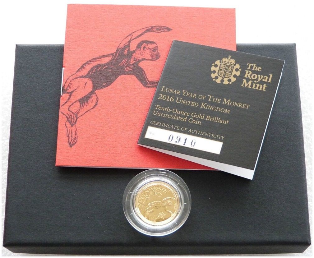 2016 British Lunar Monkey £10 Gold 1/10oz Coin Box Coa - Mintage 1,888