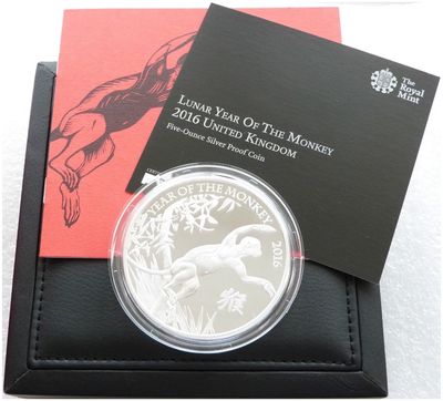 2016 British Lunar Monkey £10 Silver Proof 5oz Coin Box Coa - Mintage 588