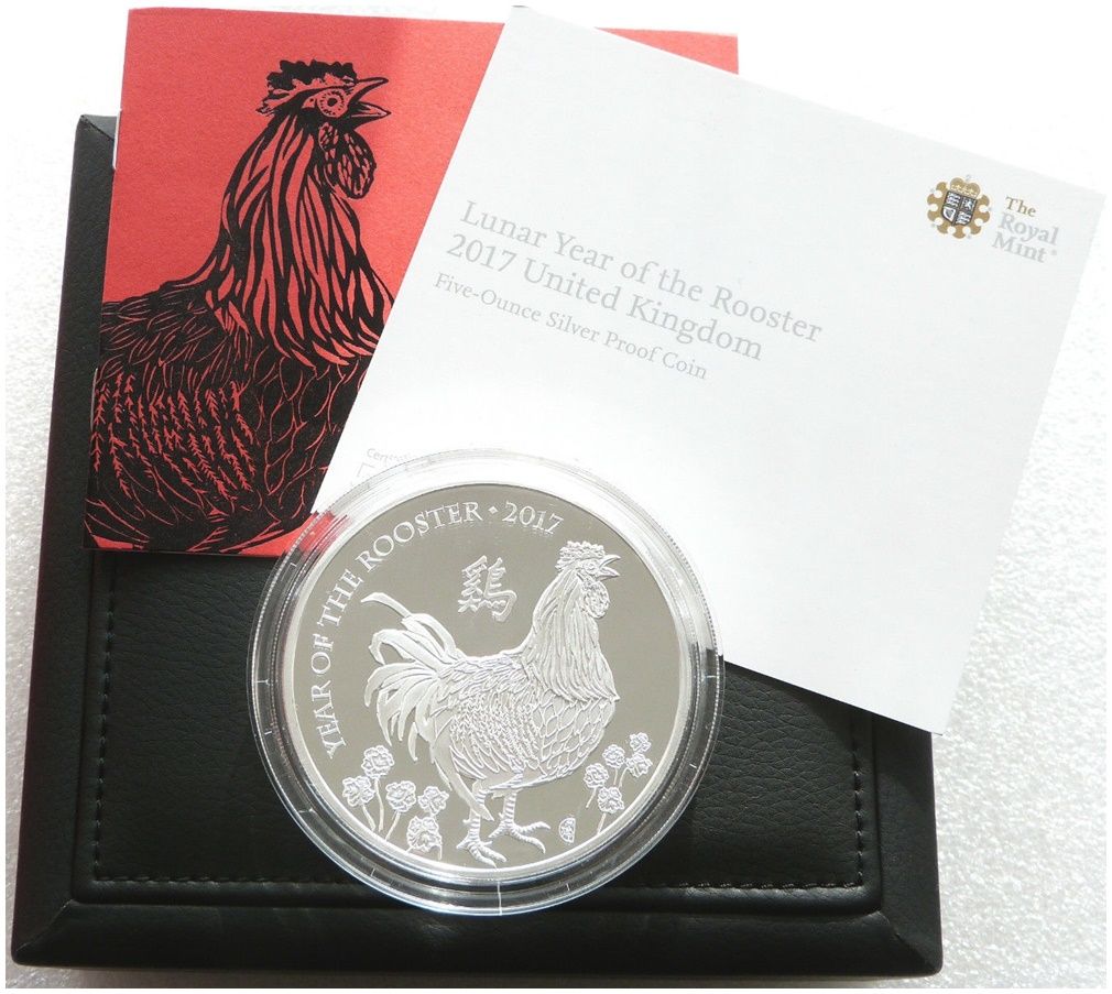 2017 British Lunar Rooster £10 Silver Proof 5oz Coin Box Coa - Mintage 369