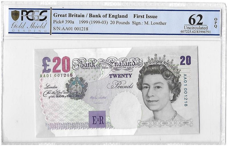 1999 Bank of England Merlyn Lowther First Issue £20 Twenty Pound Banknote AA01 Uncirculated 62 OPQ