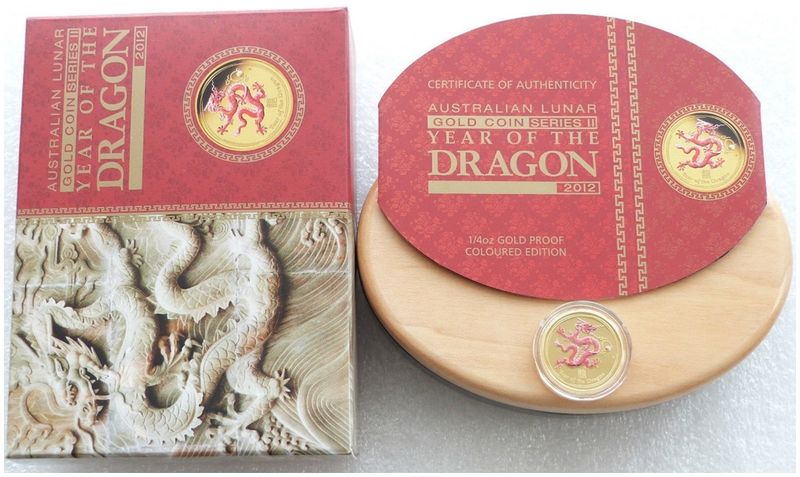 2012-P Australia Lunar Dragon Colour $25 Gold Proof 1/4oz Coin Box Coa