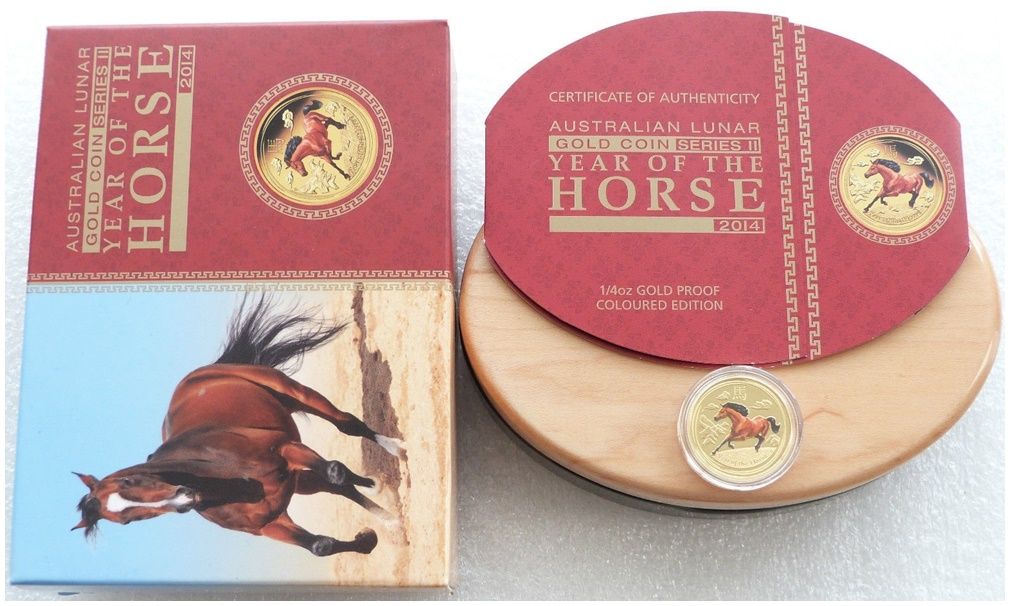 2014-P Australia Lunar Horse Colour $25 Gold Proof 1/4oz Coin Box Coa