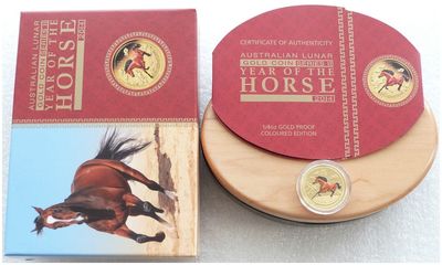 2014-P Australia Lunar Horse Colour $25 Gold Proof 1/4oz Coin Box Coa