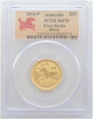2014-P Australia Lunar Horse $25 Gold 1/4oz Coin PCGS MS70 First Strike