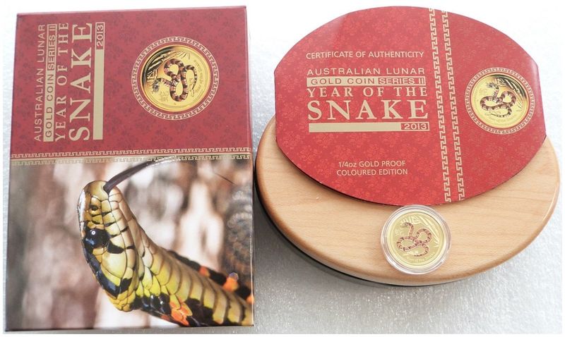 2013-P Australia Lunar Snake Colour $25 Gold Proof 1/4oz Coin Box Coa