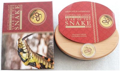 2013-P Australia Lunar Snake Colour $25 Gold Proof 1/4oz Coin Box Coa