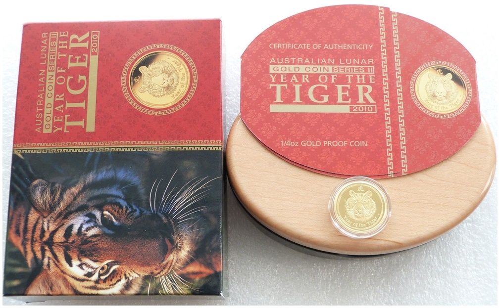 2010-P Australia Lunar Tiger $25 Gold Proof 1/4oz Coin Box Coa