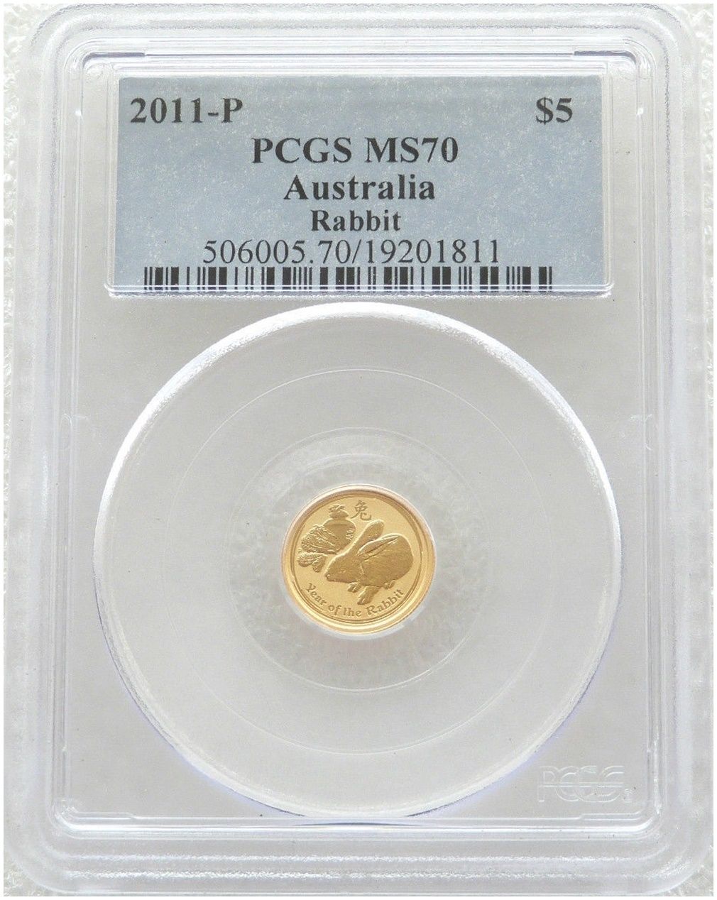 2011-P Australia Lunar Rabbit $5 Gold 1/20oz Coin PCGS MS70