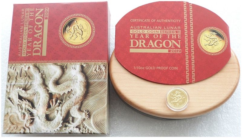 2012-P Australia Lunar Dragon $15 Gold Proof 1/10oz Coin Box Coa