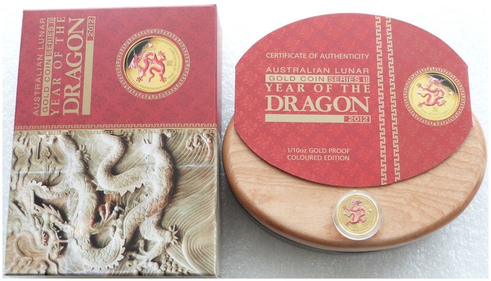 2012-P Australia Lunar Dragon Colour $15 Gold Proof 1/10oz Coin Box Coa