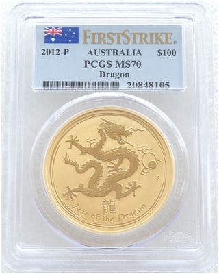 2012-P Australia Lunar Dragon $100 Gold 1oz Coin PCGS MS70 First Strike
