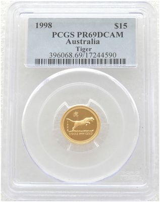 1998 Australia Lunar Tiger $15 Gold Proof 1/10oz Coin PCGS PR69 DCAM