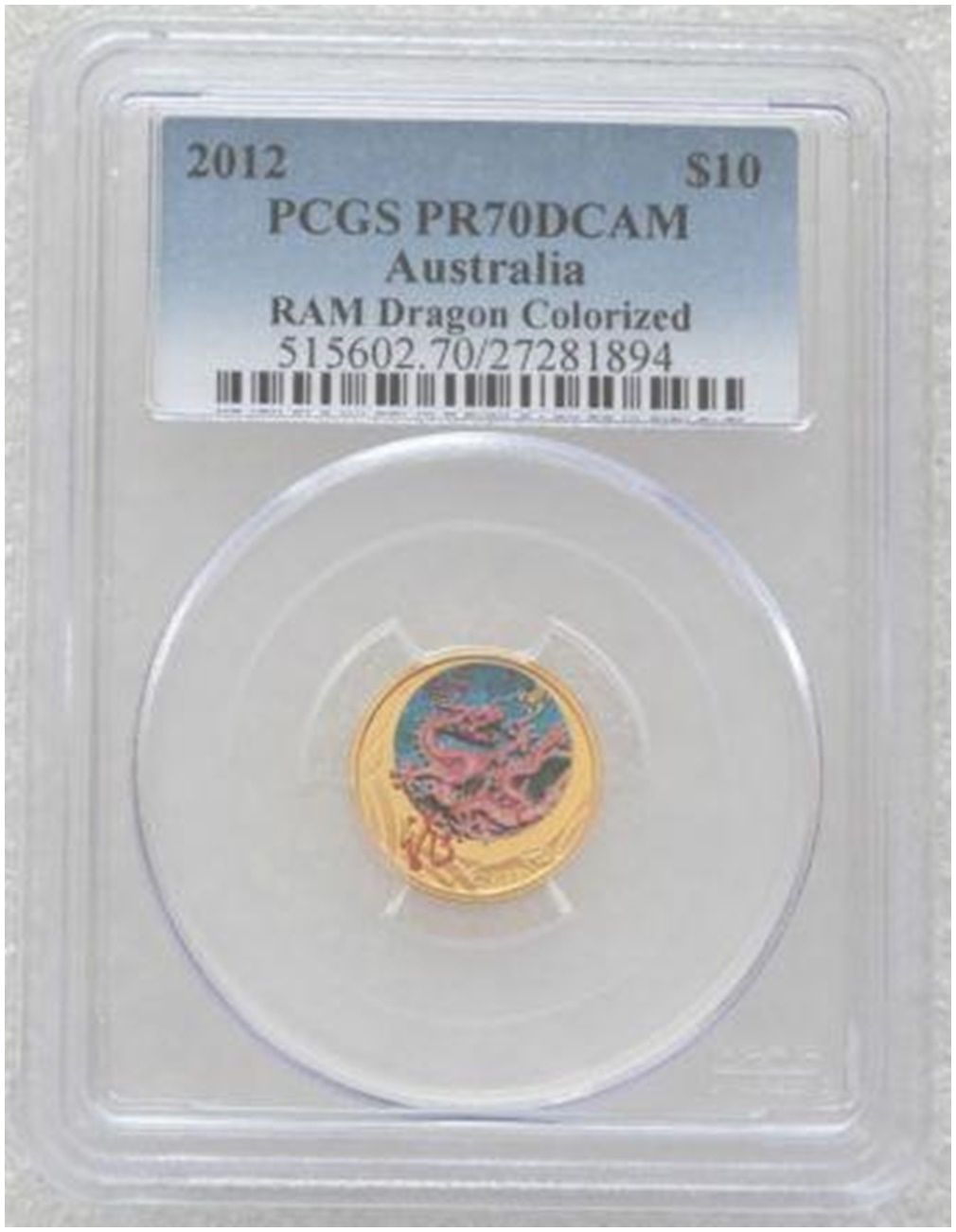 2012 Australia Lunar Dragon Colour $10 Gold Proof 1/10oz Coin PCGS PR70 DCAM