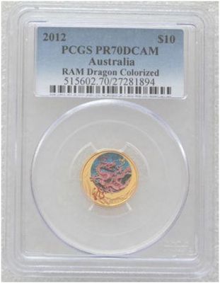 2012 Australia Lunar Dragon Colour $10 Gold Proof 1/10oz Coin PCGS PR70 DCAM