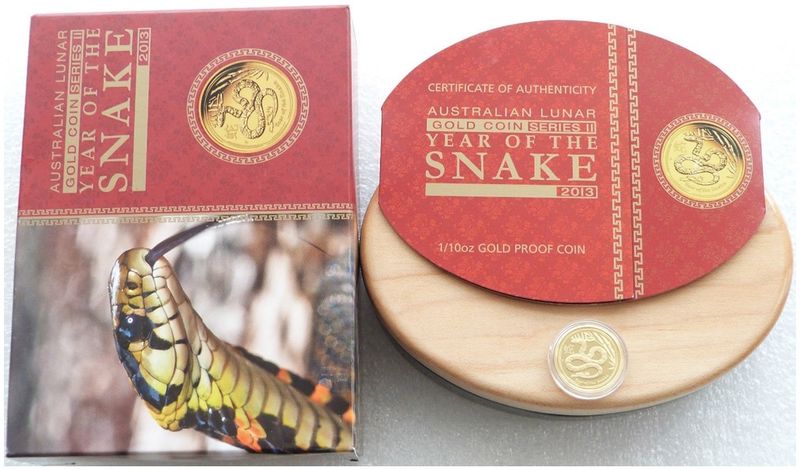 2013-P Australia Lunar Snake $15 Gold Proof 1/10oz Coin Box Coa