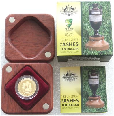 2007 Australia Ashes Cricket $10 Gold Proof 1/10oz Coin Box Coa