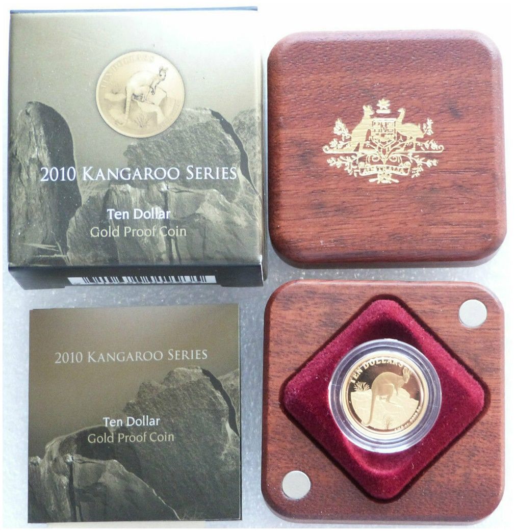 2010 Australia Kangaroo $10 Gold Proof 1/10oz Coin Box Coa