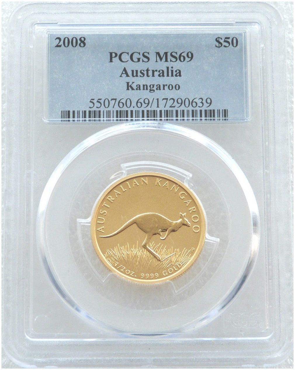 2008 Australia Kangaroo $50 Gold 1/2oz Coin PCGS MS69