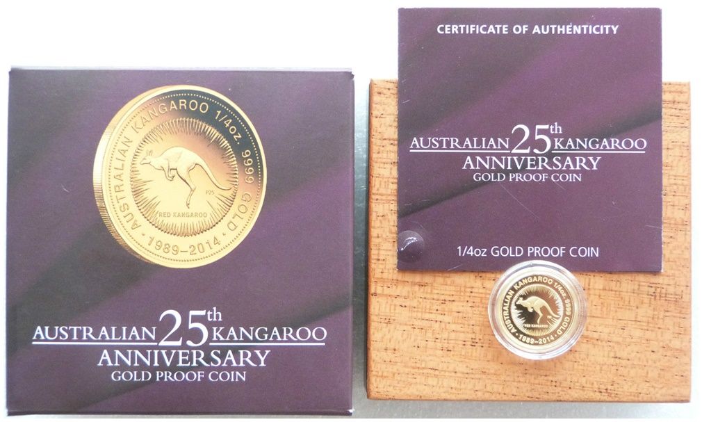 2014-P Australia Kangaroo $25 Gold Proof 1/4oz Coin Box Coa