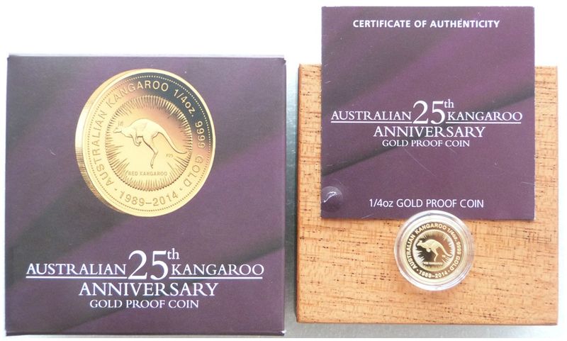 2014-P Australia Kangaroo $25 Gold Proof 1/4oz Coin Box Coa