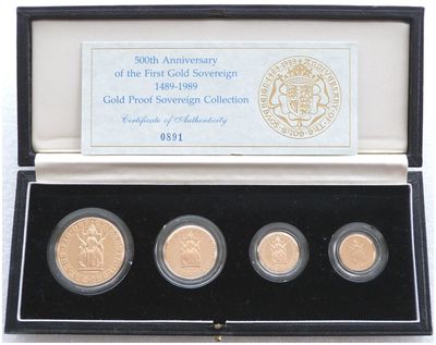 1989 Tudor Rose Gold Proof Sovereign 4 Coin Set Box Coa