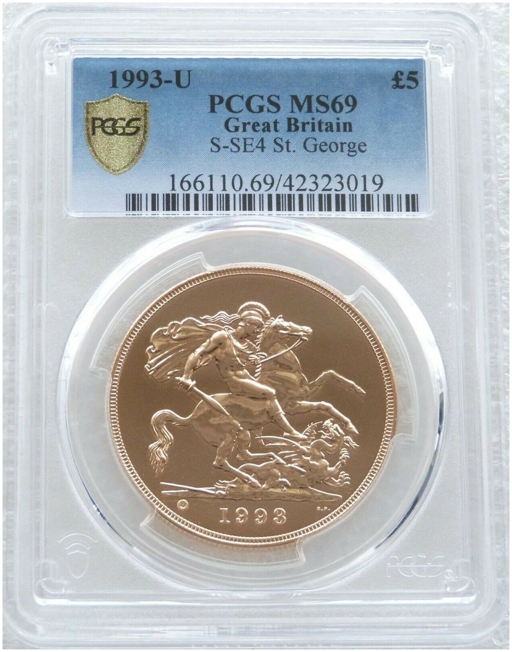 1993-U St George and the Dragon £5 Five Pound Sovereign Gold Coin PCGS MS69