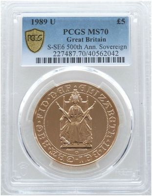 1989-U Tudor Rose £5 Five Pound Sovereign Gold Coin PCGS MS70