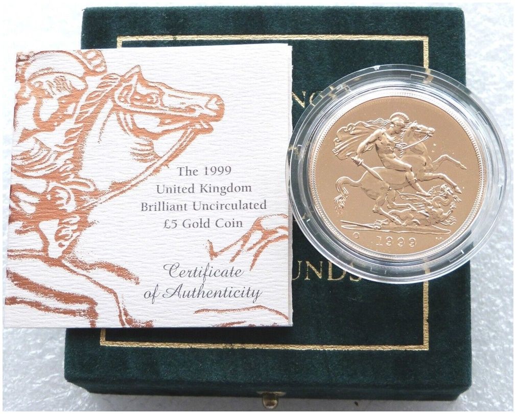 1999-U St George and the Dragon £5 Five Pound Sovereign Gold Coin Box Coa