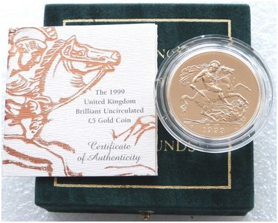 1999-U St George and the Dragon £5 Five Pound Sovereign Gold Coin Box Coa