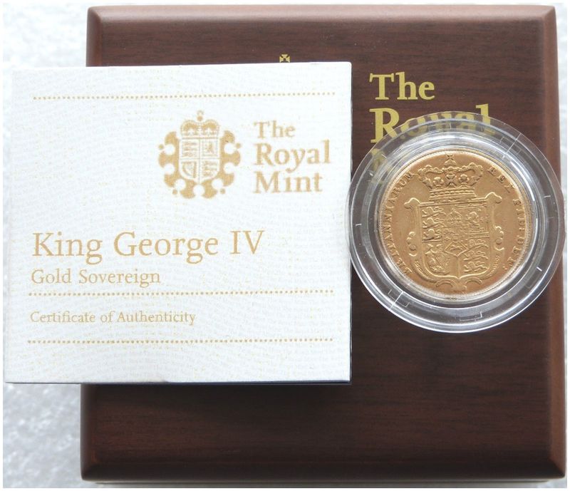 1829 George IV Bare Head Royal Arms Full Sovereign Gold Coin Box Coa