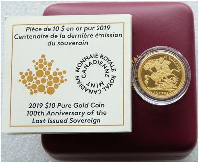 2019 Canada Last Sovereign $10 Gold Proof 1/4oz Coin Box Coa