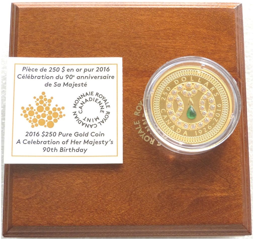 2016 Canada Queens 90th Birthday Gemstone $250 Gold Proof Coin Box Coa