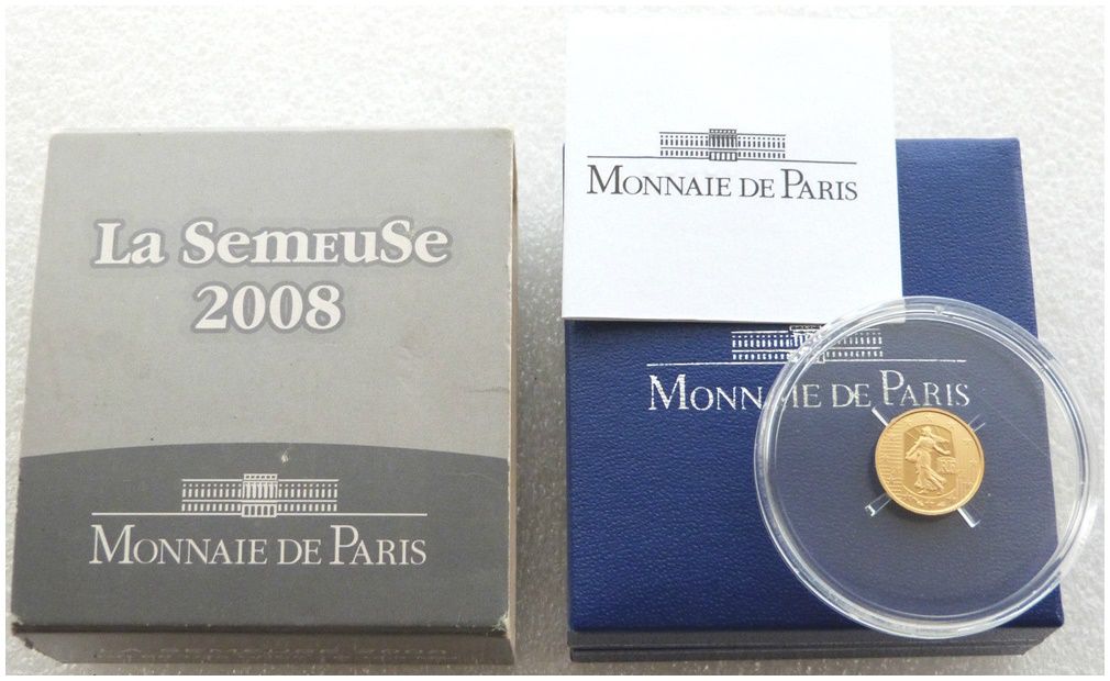 2008 France Sower La Semeuse 5 Euro Gold Proof 1/25oz Coin Box Coa